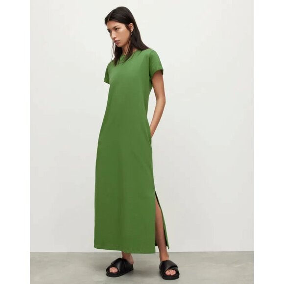 ALL SAINTS Anna Maxi T-Shirt Dress Modern Cotton Side Slits Shapeless Green US 4 - Picture 2 of 14